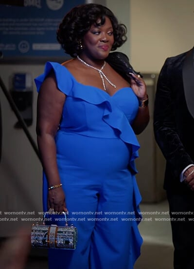 Yvette's blue ruffled sleeveless jumpsuit on The Kings of Napa