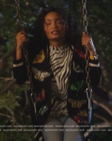 Zoey's black butterfly embellished cardigan on Grown-ish