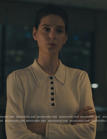Rian's white contrast stitch sweater on Billions