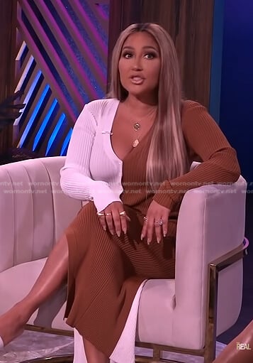 Adrienne's brown and white two-tone ribbed dress on The Real