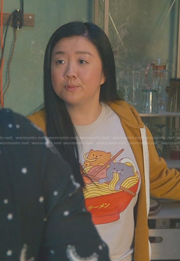 Alice's cat and ramen print tee on Good Trouble