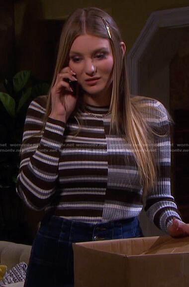 Allie's brown and grey striped sweater on Days of our Lives