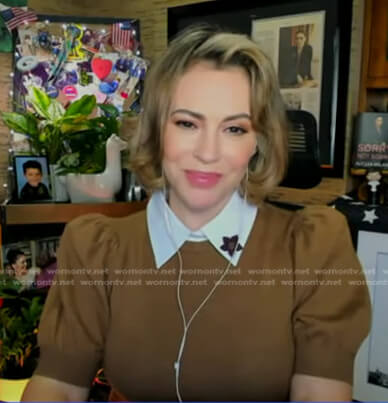 Alyssa Milano's brown puff sleeve collared sweater on Good Morning America