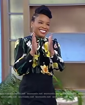 amber Ruffin's black floral print blouse on Tamron Hall Show