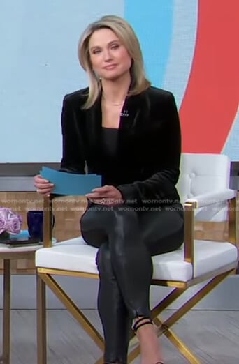Amy's black double breasted velvet blazer and leggings on Good Morning America
