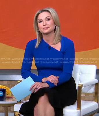 Amy's blue asymmetric neck knit top on Good Morning America