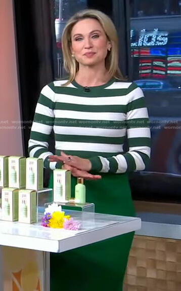 Amy's green striped sweater and knit skirt on Good Morning America