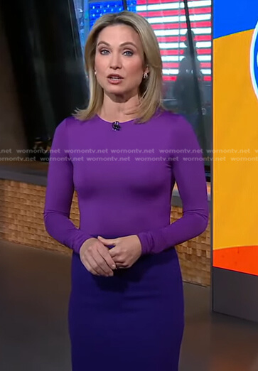 Amy's purple long sleeve top and skirt on Good Morning America