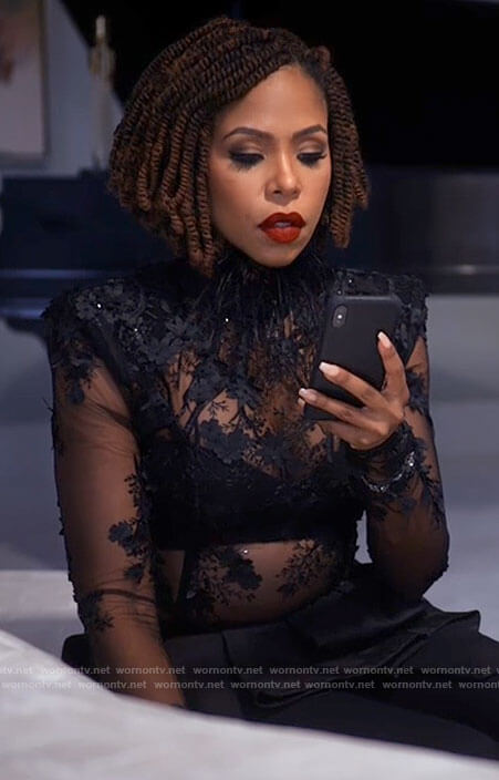 Andi's sheer black embellished top on Tyler Perrys Sistas