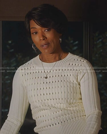 Athena's white open stitch ribbed sweater on 9-1-1