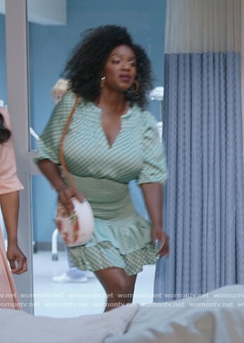 Bridgette's green satin smocked mini dress on The Kings of Napa