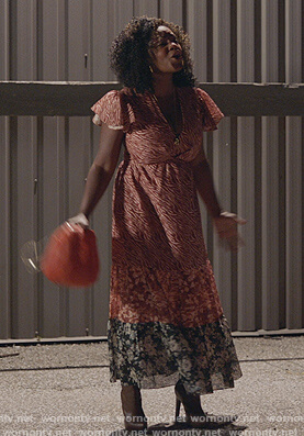 Bridgette's mixed print ruffle sleeve dress on The Kings of Napa
