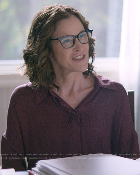 Carol's burgundy button down blouse on Single Drunk Female