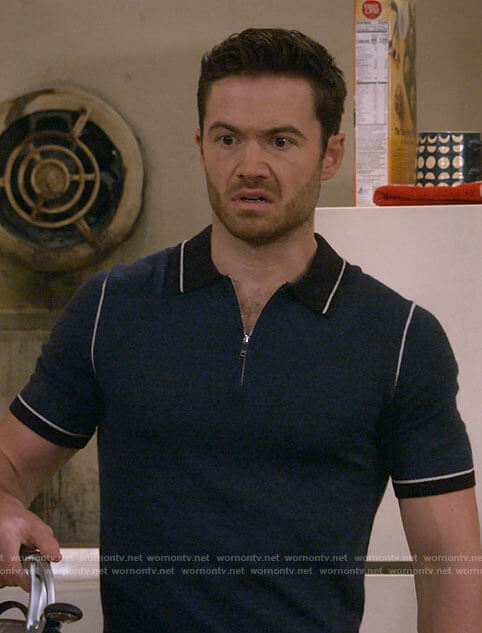 Charlie's blue zip polo shirt on How I Met Your Father