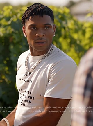 Christian's white print tee on The Kings of Napa
