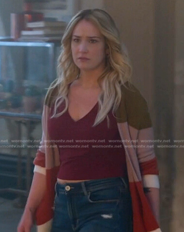 Davia's multicolor colorblock cardigan and yellow bag on Good Trouble