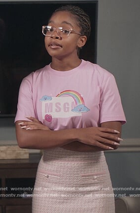 Diane's pink msgm logo tee and skirt on Black-ish