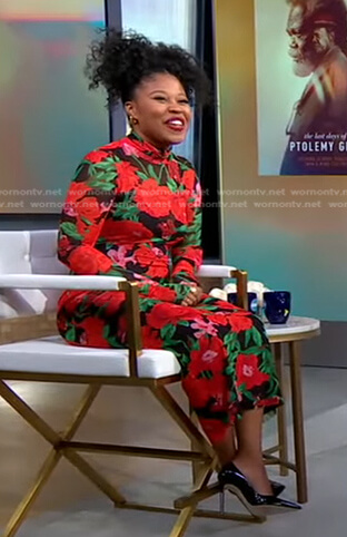 Dominique Fishback's black and red floral turtleneck dress on Good Morning America