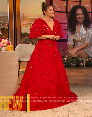 Drew's red embellished gown on The Drew Barrymore Show