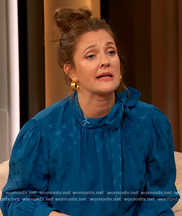 Drew's blue satin tie neck blouse on The Drew Barrymore Show