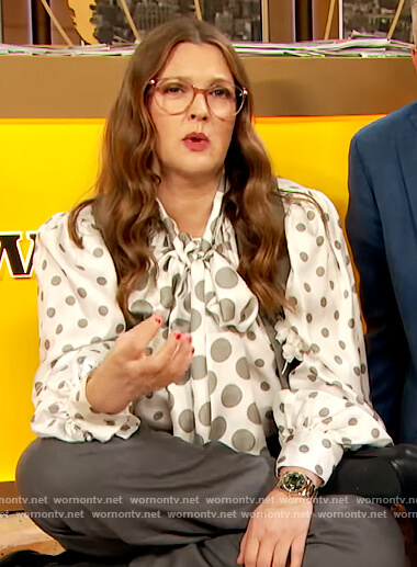 Drew's white polka dot tie neck blouse on The Drew Barrymore Show
