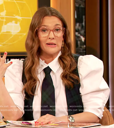 Drew's white puff sleeve top on The Drew Barrymore Show