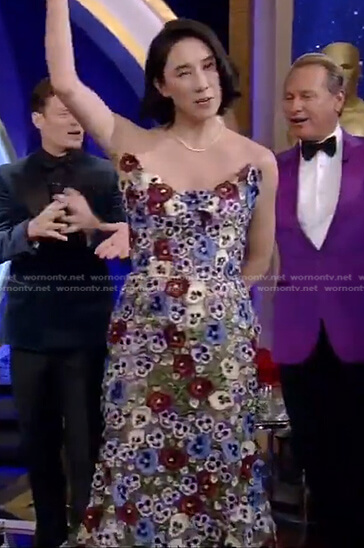 Eva Chen's floral embroidered strapless maxi dress on Live with Kelly and Ryan
