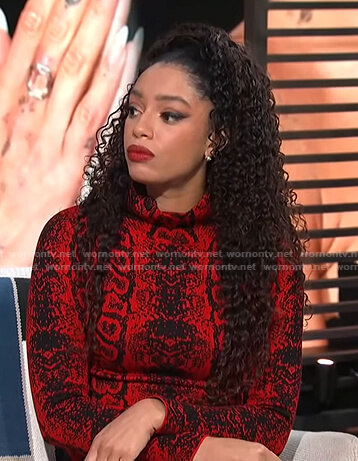 Francesca Amiker’s red snakeskin print dress on E! News Daily Pop