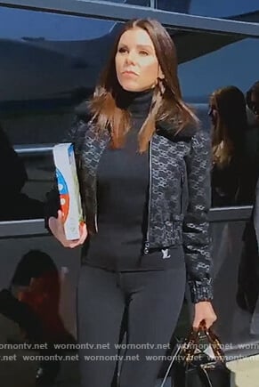 Heather's black monogram print jacket on The Real Housewives of Orange County