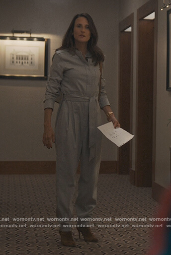 Helene's gray tie waist jumpsuit on Killing Eve