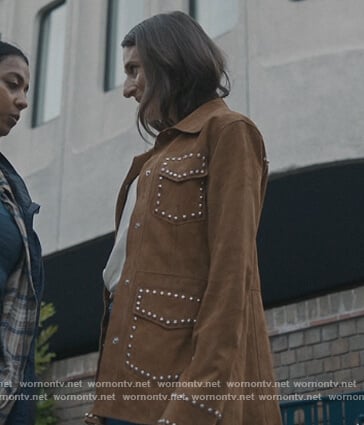 Helene's brown suede studded jacket on Killing Eve