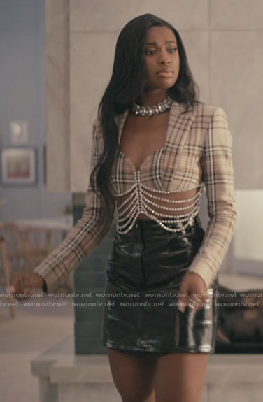 Hilary's cropped plaid jacket with crystals and leather skirt on Bel-Air