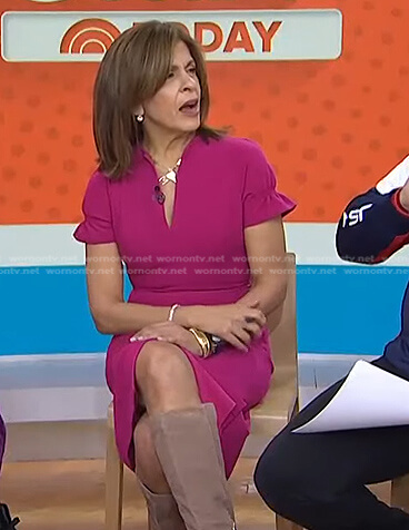 Hoda's pink ruffle sleeve v-neck dress on Today