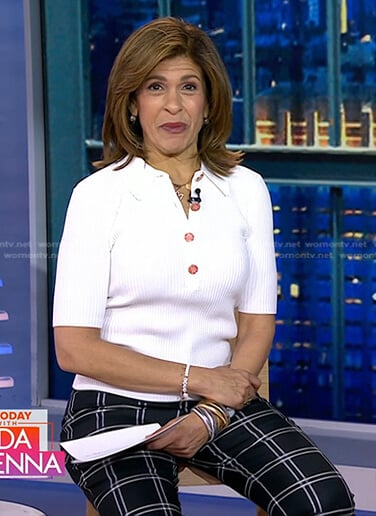 Hoda's white ribbed polo top and black check pants on Today
