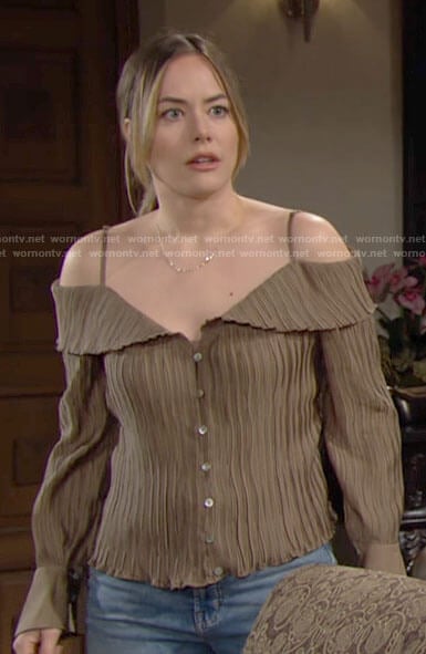 Hope's olive off-shoulder button front top on The Bold and the Beautiful