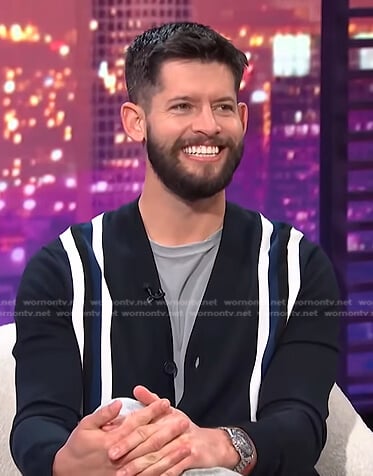Hunter March's navy stripe cardigan on E! News Nightly Pop