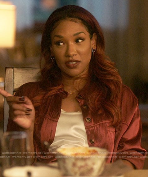 Iris's brown satin button down shirt on The Flash