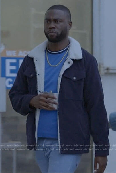 James's navy sherpa lined jacket on Single Drunk Female