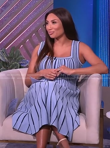 Jeannie's blue pleated sleeveless dress on The Real