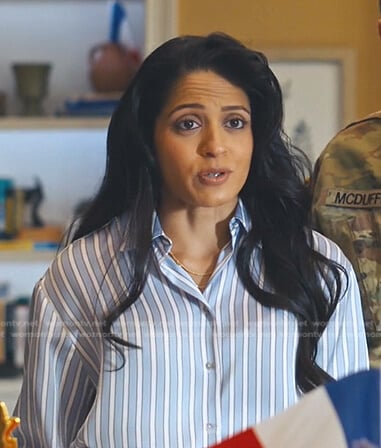 Jennifer's blue striped satin shirt on Naomi