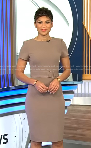 Jericka's beige belted dress on CBS Evening News