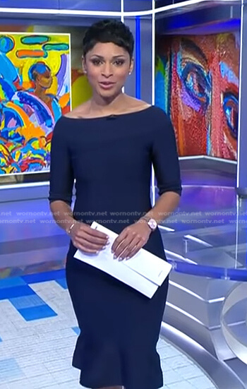 Jericka's blue ruffle hem bandage dress on CBS Evening News