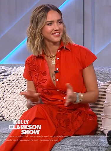 Jessica Alba's red floral button down dress on The Kelly Clarkson Show