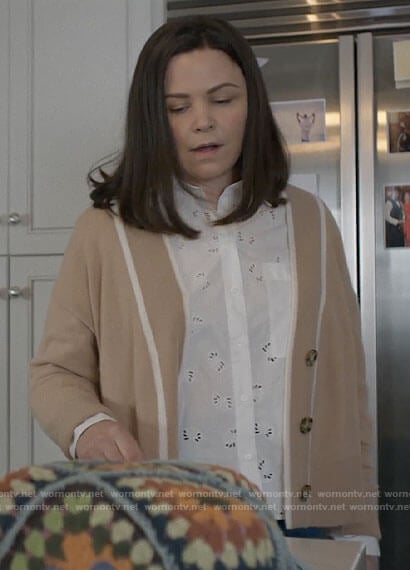 Jodie's white eyelet shirt and tan cardigan on Pivoting