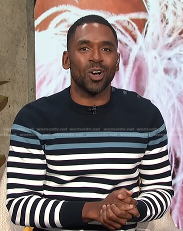 Justin's striped button-shoulder sweater on E! News Daily Pop