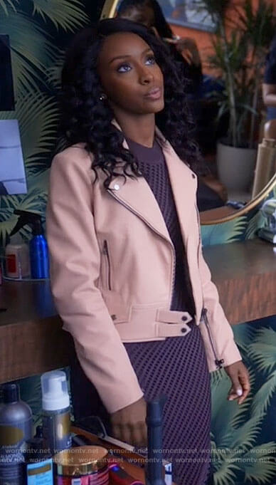 Karen's fringed knit dress and pink leather jacket on Tyler Perrys Sistas