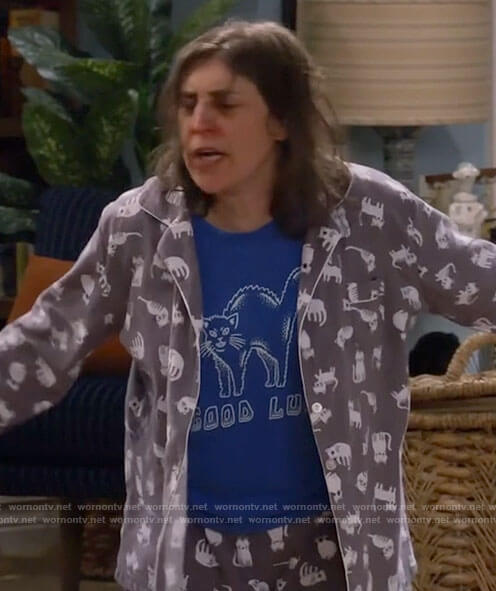 Kat's grey cat pajamas and blue Good Luck t-shirt on Call Me Kat