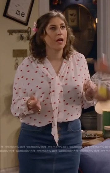 Kat's white and red spotted tie neck blouse on Call Me Kat