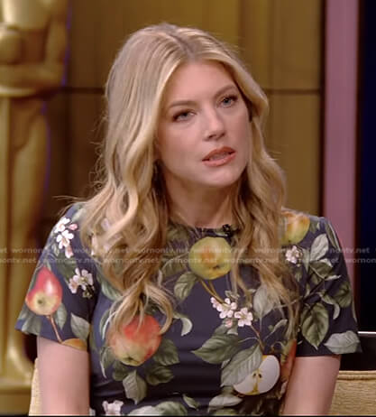 Katheryn Winnick's navy apple print dress on Live with Kelly and Ryan