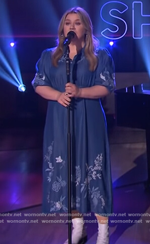 Kelly's denim floral embroidered dress on The Kelly Clarkson Show